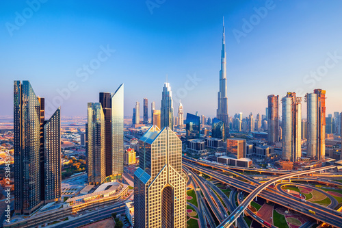 Tablou canvas Amazing Dubai city center skyline at the sunset, Dubai, United Arab Emirates