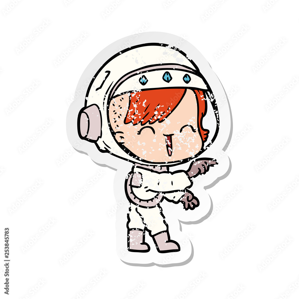 distressed sticker of a cartoon astronaut girl pointing and laughing distressed sticker of a cartoon astronaut girl pointing and laughing