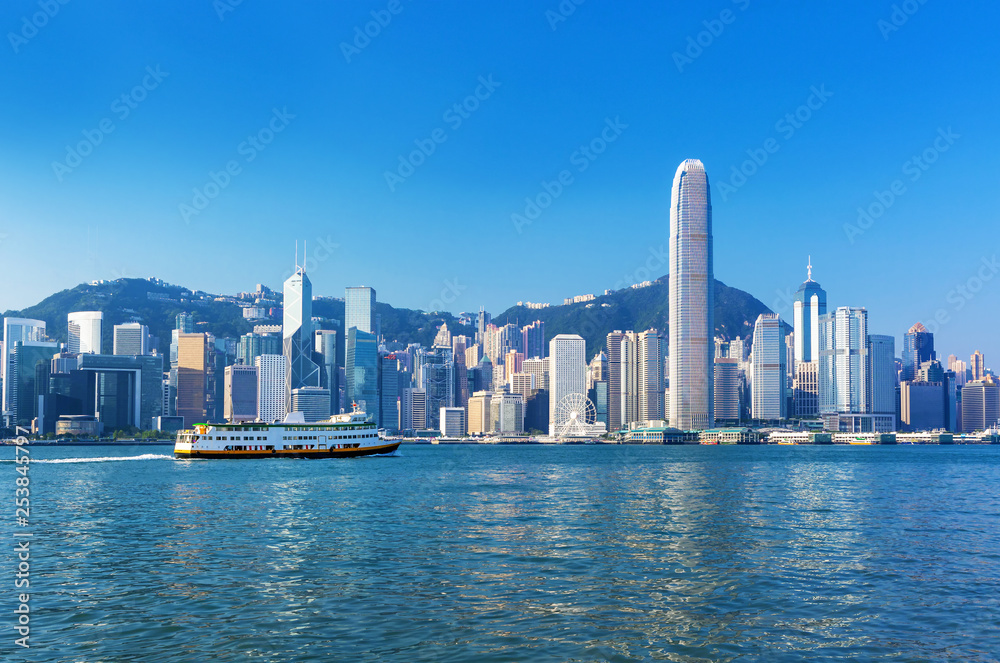 Amazing Hong Kong city skyline and Victoria peak behind , China
