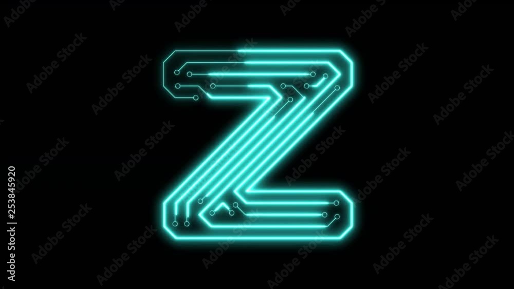 Animated blue neon glowing alphabet letter Z as circuit board style Animated blue neon glowing alphabet letter Z as circuit board style