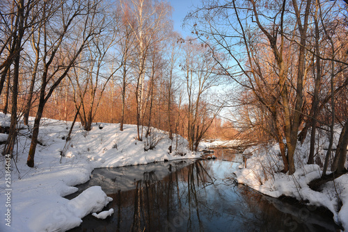 Winter forest, river and reflection of wood