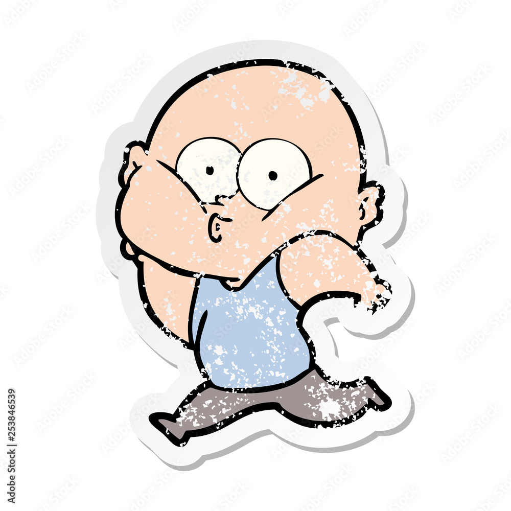 distressed sticker of a cartoon bald man staring