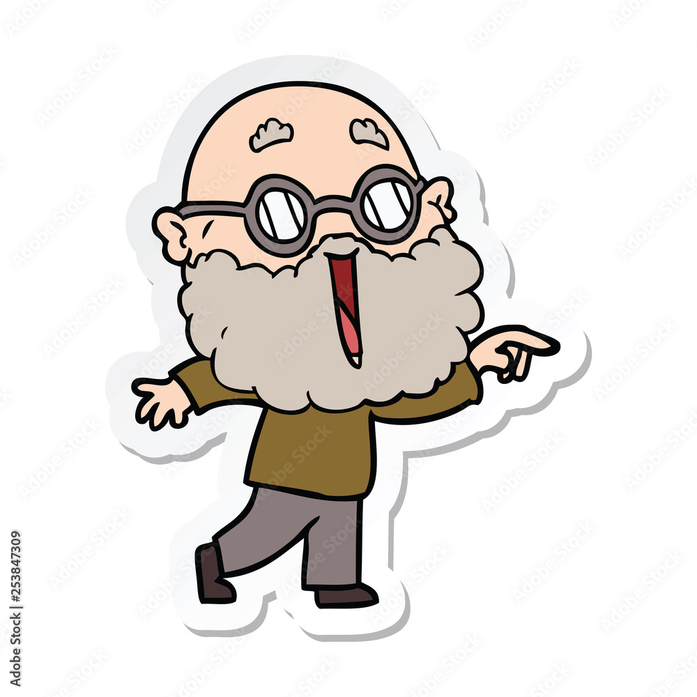 sticker of a cartoon joyful man with beard pointing finger