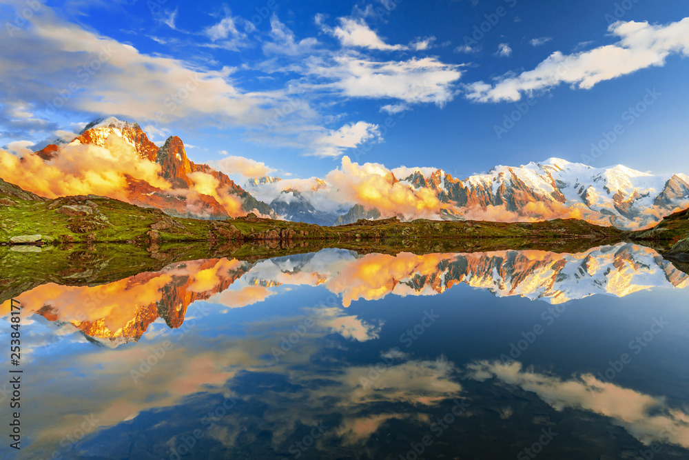 Summer panorama of the Lac Blanc lake with Mont Blanc (Monte Bianco) on background, Chamonix location. Beautiful outdoor scene in Vallon de Berard Nature Reserve, Graian Alps, France, Europe.