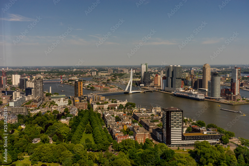 Netherlands, Rotterdam, cityscape and skyline of the city with erasmus bridge