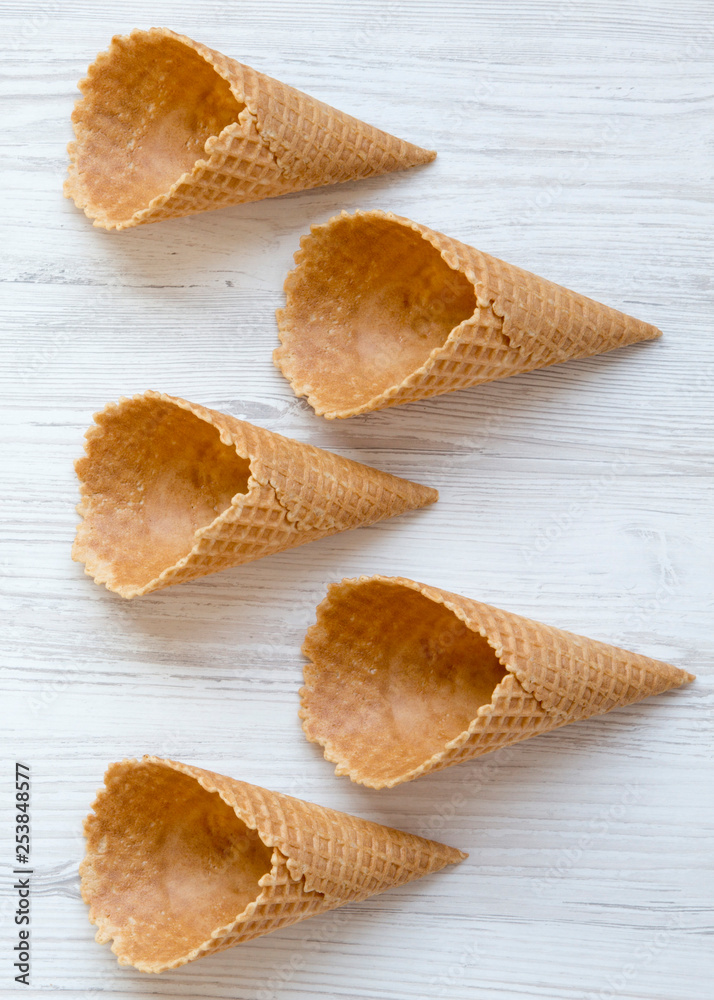 Wafer cups for ice cream, overhead view. From above, top view. Wafer cups for ice cream, overhead view. From above, top view.