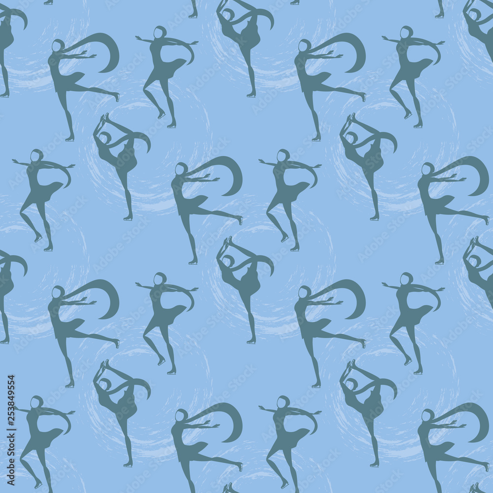 Silhouette of arab girl in hijab figure skating on ice rink seamless pattern