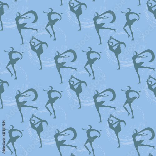 Silhouette of arab girl in hijab figure skating on ice rink seamless pattern