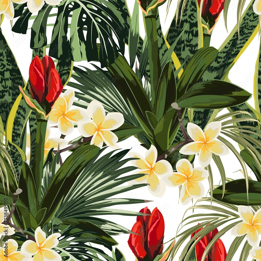 Obraz premium Tropical lilies bud, plumeria flowers seamless pattern with bright green leaves on white background. Exotic tropical garden for wedding invitations, greeting card and fashion design.