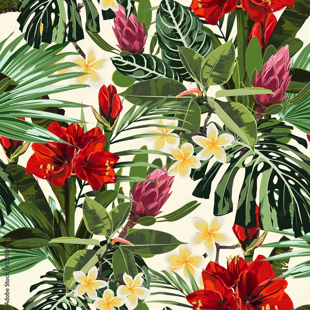 Fototapeta Tropical lilies, plumeria flowers seamless pattern with bright green leaves on light yellow background. Exotic tropical garden for wedding invitations, greeting card and fashion design.