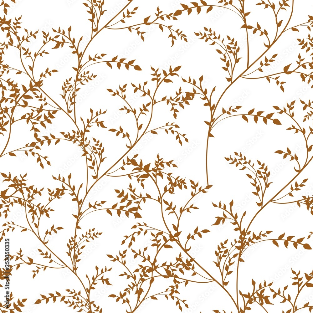 Floral abstract seamless pattern with linear plants and herbs in brown yellow tones on white background.