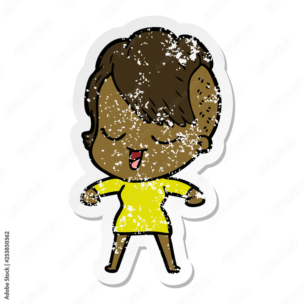 distressed sticker of a happy cartoon girl