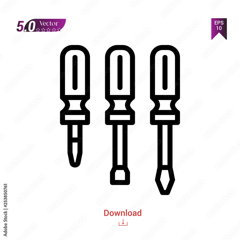Outline screwdriver icon isolated on white background. Popular icons for 2019 year. Line pictogram. Graphic design, mobile application, logo, user interface. EPS 10 format vector Outline screwdriver icon isolated on white background. Popular icons for 2019 year. Line pictogram. Graphic design, mobile application, logo, user interface. EPS 10 format vector