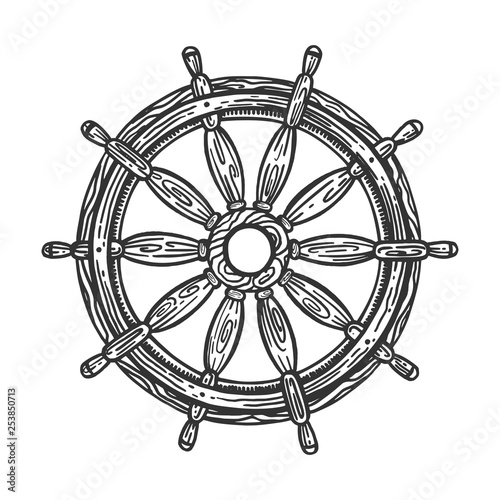 Ship steering wheel sketch engraving vector illustration. Scratch board style imitation. Hand drawn image.