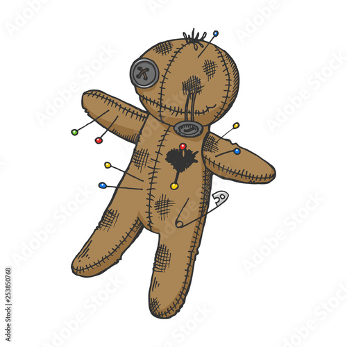 Voodoo doll color sketch engraving vector illustration. Scratch board style imitation. Hand drawn image.