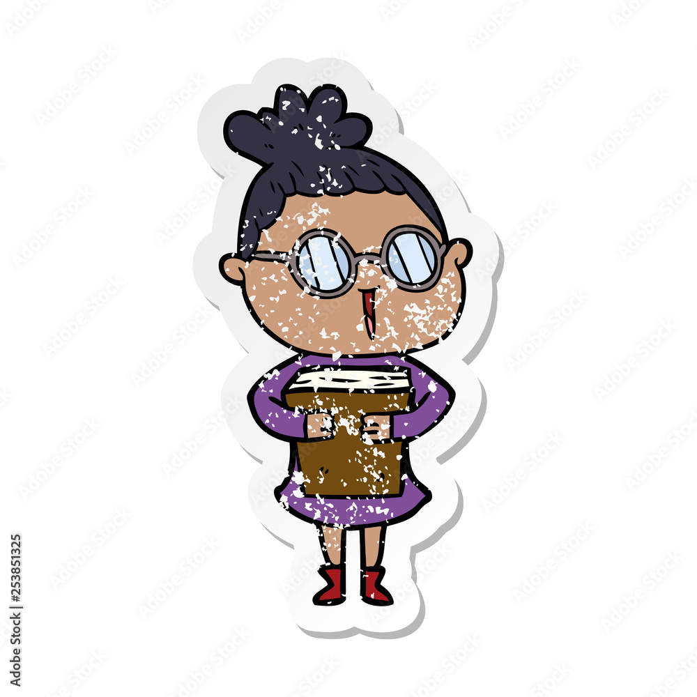 distressed sticker of a cartoon woman wearing spectacles distressed sticker of a cartoon woman wearing spectacles