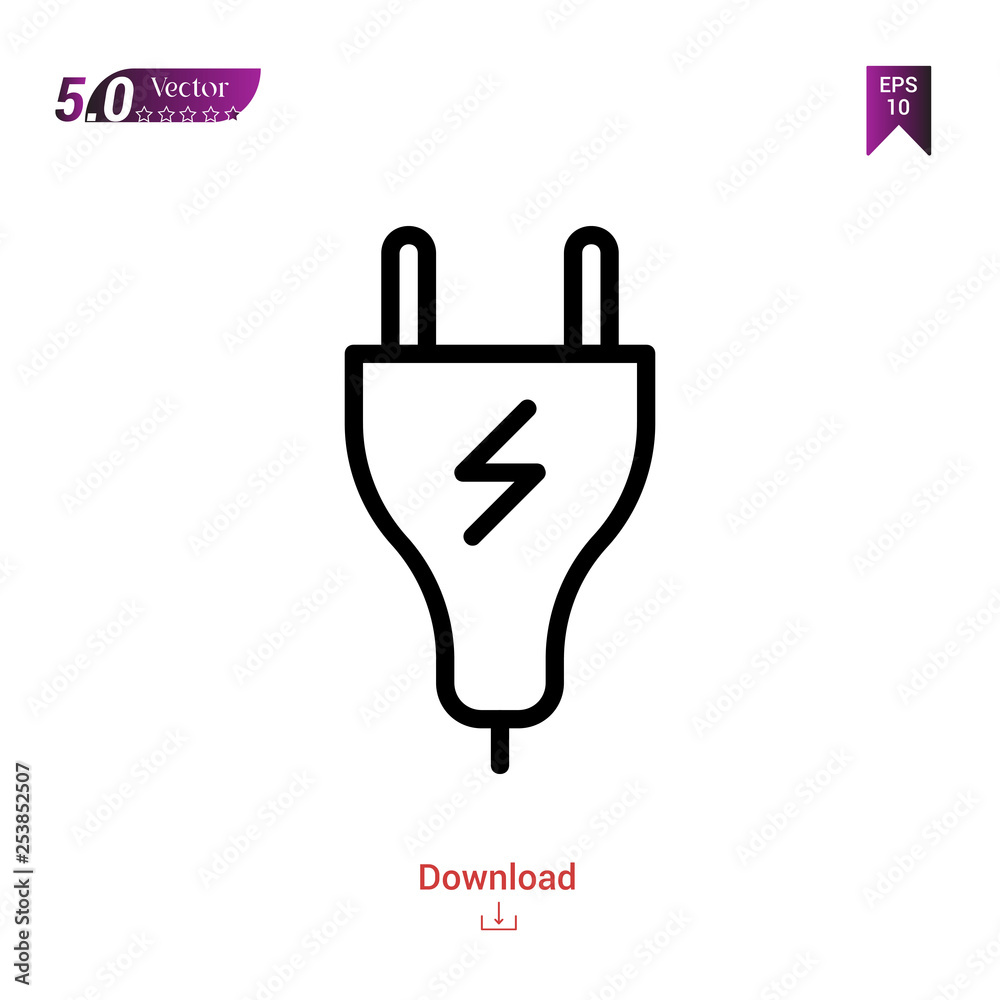 Outline plug icon isolated on white background. Popular icons for 2019 year. Line pictogram. Graphic design, mobile application, logo, user interface. EPS 10 format vector Outline plug icon isolated on white background. Popular icons for 2019 year. Line pictogram. Graphic design, mobile application, logo, user interface. EPS 10 format vector