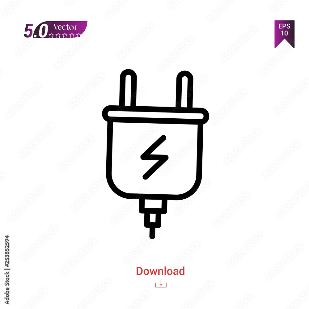 Outline plug icon isolated on white background. Popular icons for 2019 year. Line pictogram. Graphic design, mobile application, logo, user interface. EPS 10 format vector Outline plug icon isolated on white background. Popular icons for 2019 year. Line pictogram. Graphic design, mobile application, logo, user interface. EPS 10 format vector