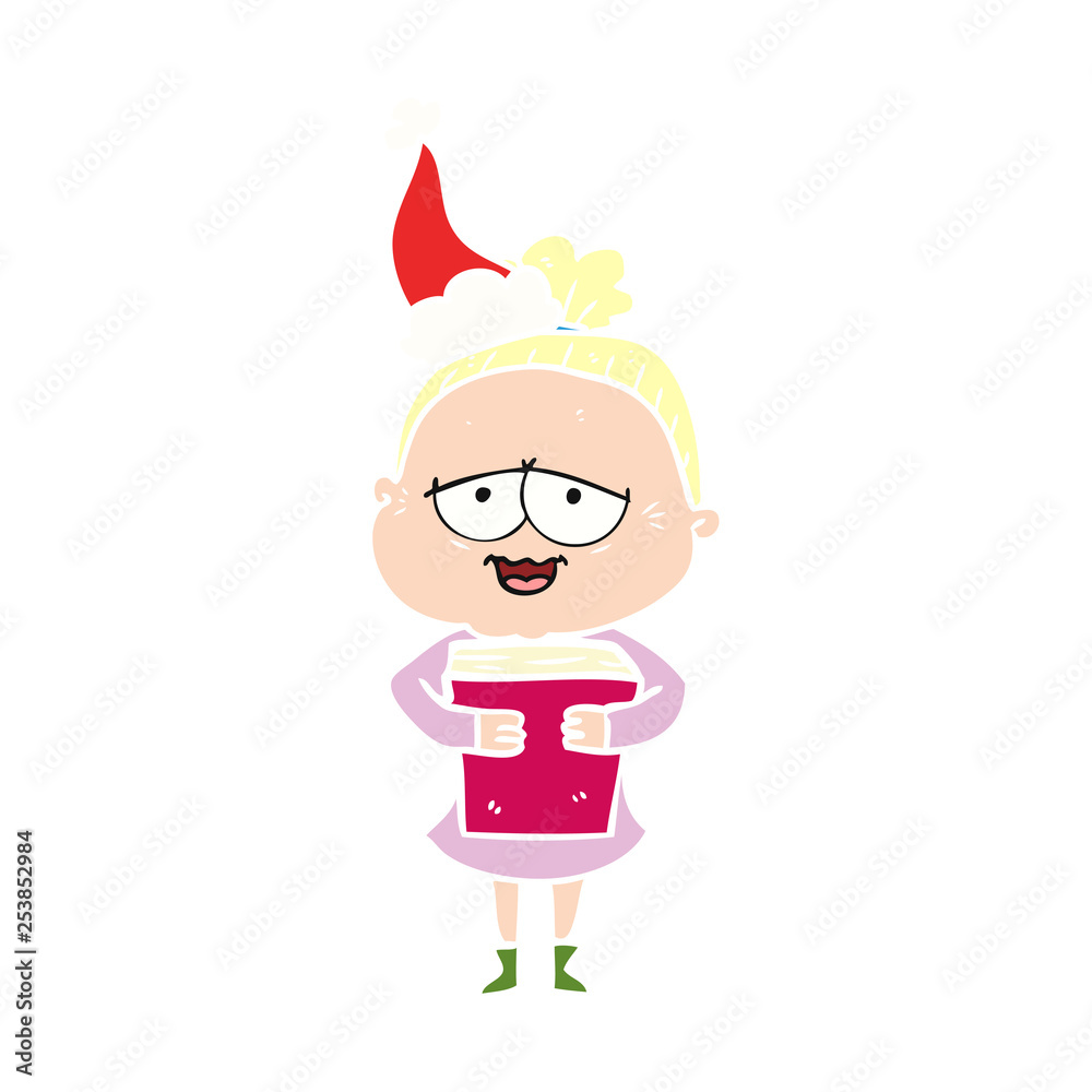 flat color illustration of a happy old lady wearing santa hat flat color illustration of a happy old lady wearing santa hat