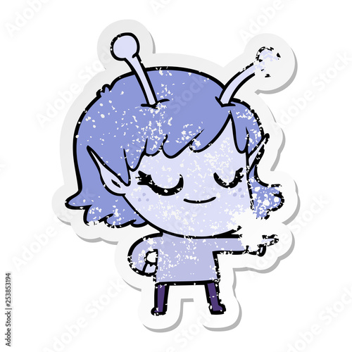 distressed sticker of a smiling alien girl cartoon