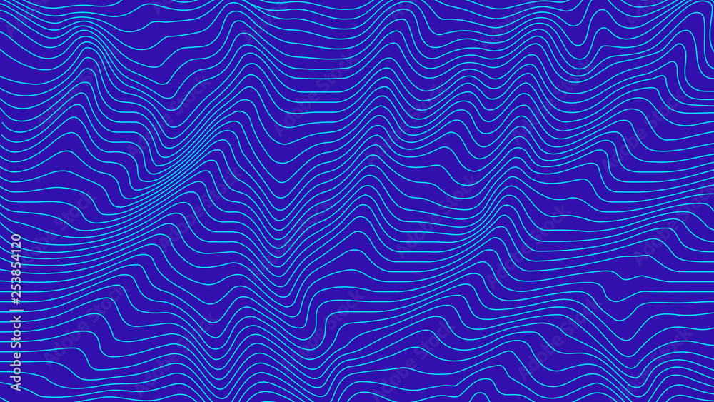 Blue colorful curvy geometric lines wave pattern texture on colorful background. Wave Stripe Background. Abstract background with distorted shapes. Illusion of movement, op art pattern. Blue colorful curvy geometric lines wave pattern texture on colorful background. Wave Stripe Background. Abstract background with distorted shapes. Illusion of movement, op art pattern.