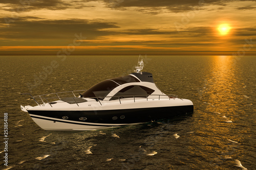 Motorboat in the sea during sunset.3D rendering © alexlmx
