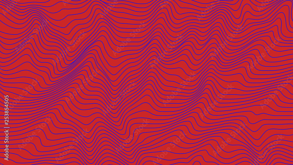 Red colorful curvy geometric lines wave pattern texture on colorful background. Wave Stripe Background. Abstract background with distorted shapes. Illusion of movement, op art pattern.
