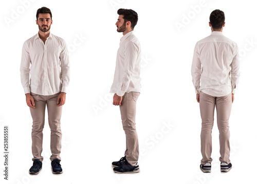 Three views of handsome bearded young man: back, front and profile shot, isolated on white background