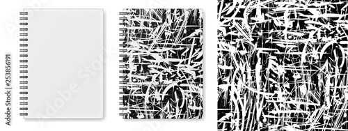 Realistic vector mock-up (layout) of a hardcover notebook with a black spiral attached, top view, 3d. Cover design of notebook with seamless texture of black and white. Vector EPS 10.