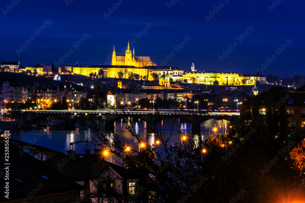 Prague castle and Vltava river, night scene