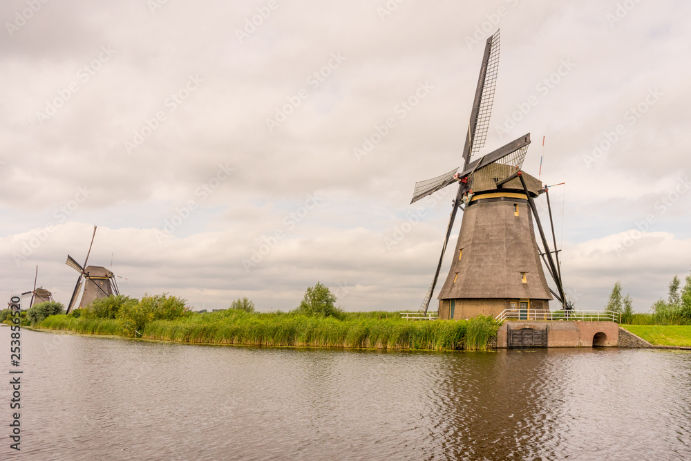 Netherlands, Rotterdam, Kinderdijk, heritage windmill above lush green grass along a canal