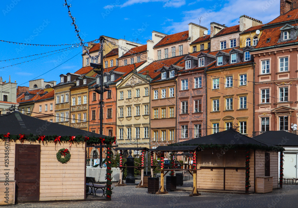Market Square of the Old Town with Christmas decorations at the end of winter. Warsaw, Poland