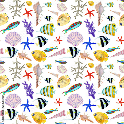 Hand drawn in watercolor sea world natural element. Corals reef fish seamless pattern on white background