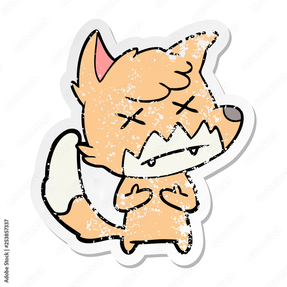 distressed sticker of a cartoon cross eyed fox distressed sticker of a cartoon cross eyed fox