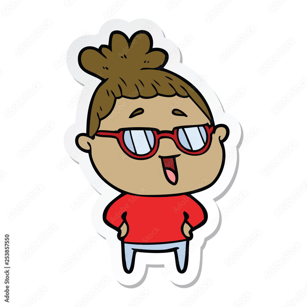 sticker of a cartoon happy woman wearing spectacles
