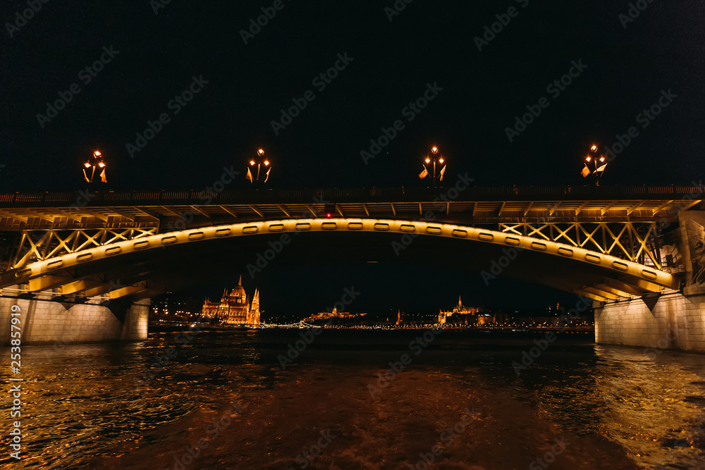Illuminated bridge with street lantern on the Danube River. A pa