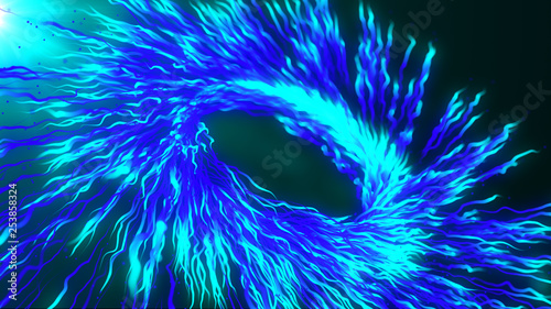 Blue motion graphics with colored spiral and spheres, abstract color wormhole tunnel, background with rotation of lines and particles. 2d/3d animation. Growing bunch of optical fibers