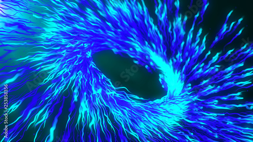 Blue motion graphics with colored spiral and spheres, abstract color wormhole tunnel, background with rotation of lines and particles. 2d/3d animation. Growing bunch of optical fibers