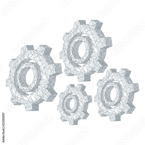 Gear polygonal mechanism abstract background. The isolated concept of innovative technology, industrial technologies and business consists of low poly wireframe, geometry triangle, lines, dots.