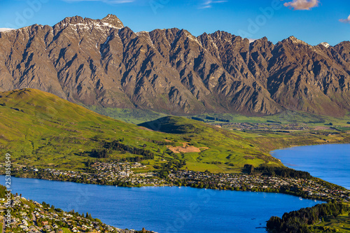 New Zealand. South Island, Otago region. Queenstown, Lake Wakatipu (Frankton Arm) and the Remarkables mountain range