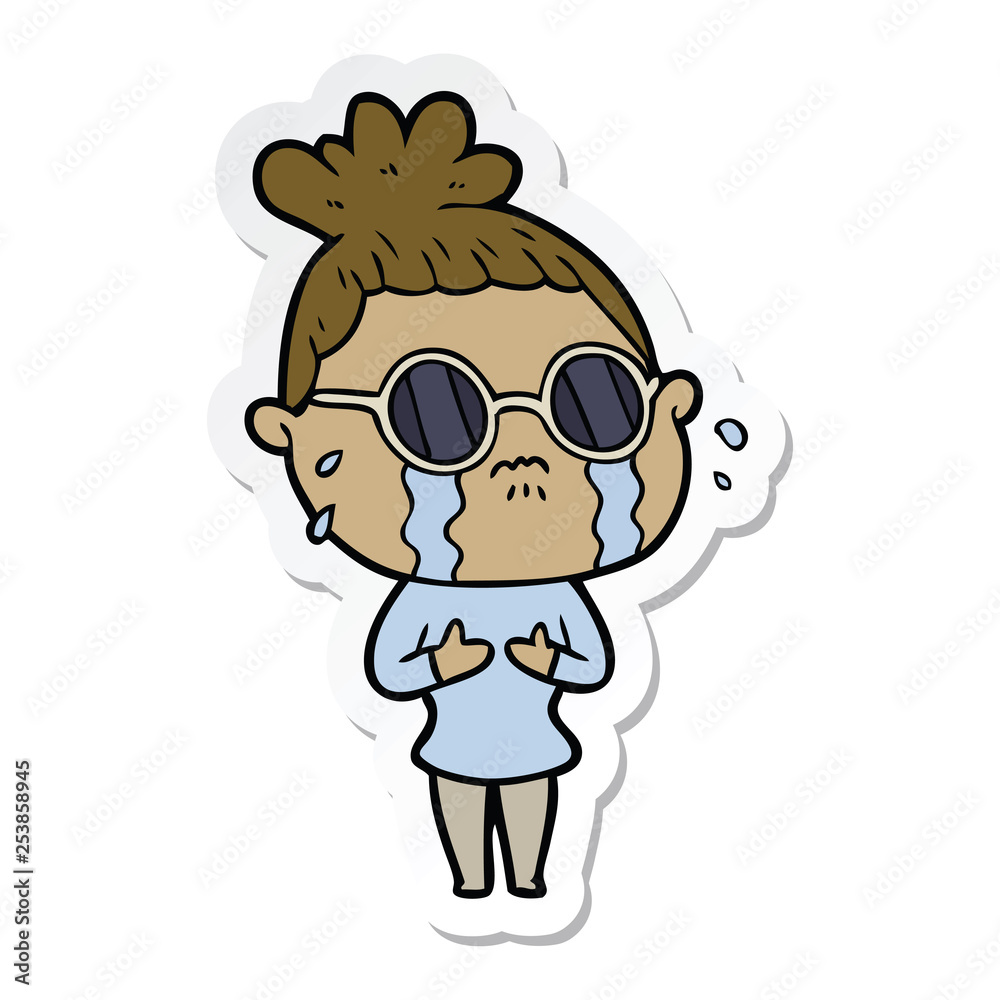 sticker of a cartoon crying woman wearing dark glasses