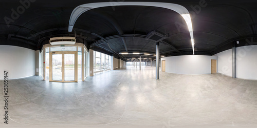 Empty room without repair. full seamless spherical hdri panorama 360 degrees in interior white loft room for office with panoramic windows in equirectangular projection