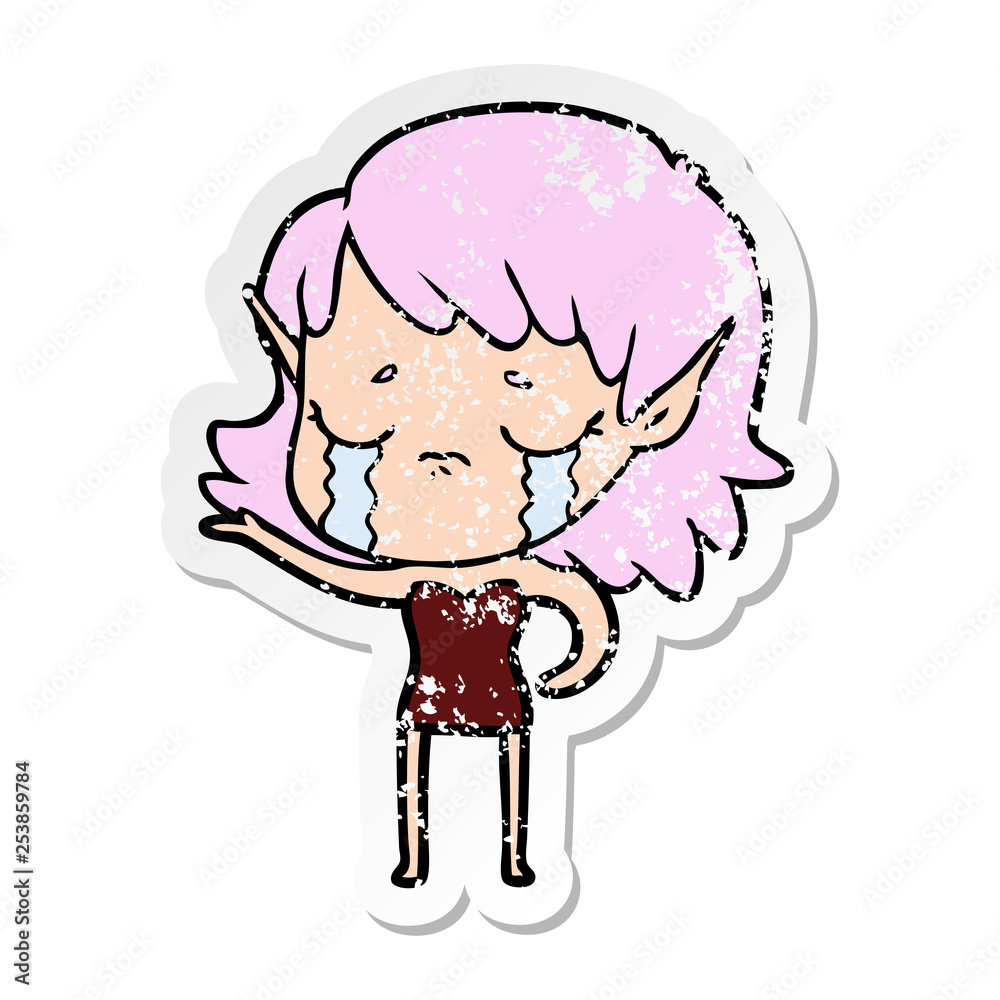 distressed sticker of a cartoon crying elf girl distressed sticker of a cartoon crying elf girl