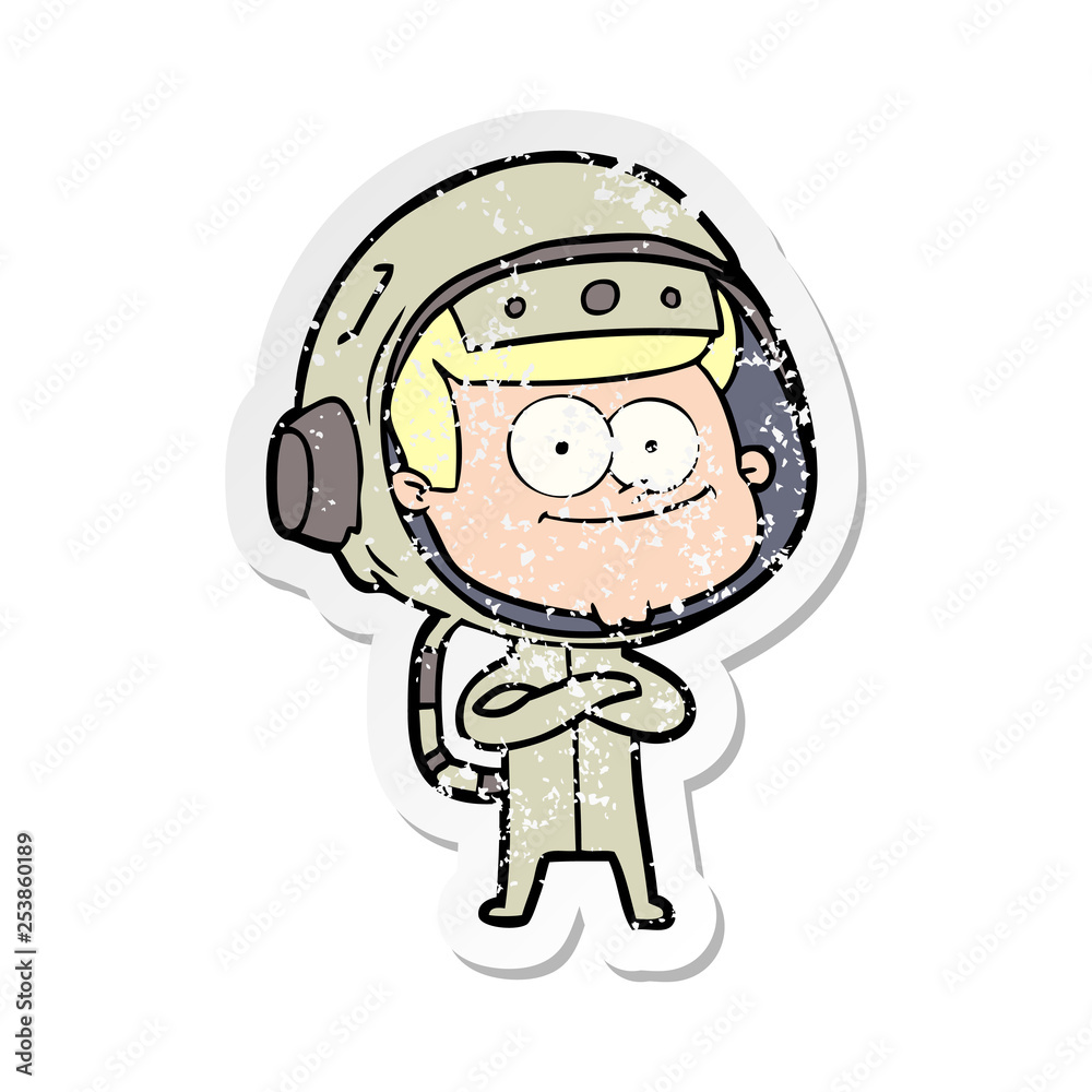 distressed sticker of a happy astronaut cartoon