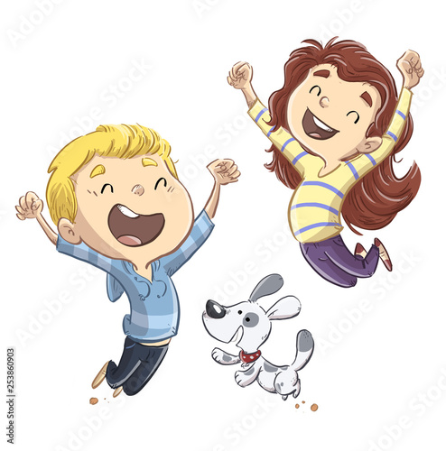 niños saltando con perro felices