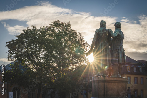 Germany, Weimar, back view of Goethe-Schiller Monument at sunrise