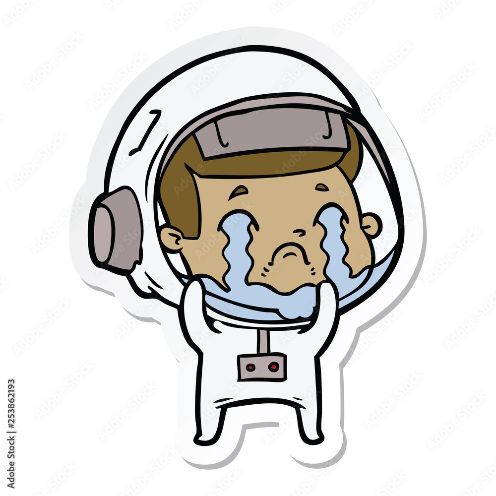 sticker of a cartoon crying astronaut