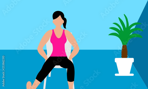Beautiful young woman doing exercises in a fitness studio. Girl exercising fitness training. People vector illustration. 