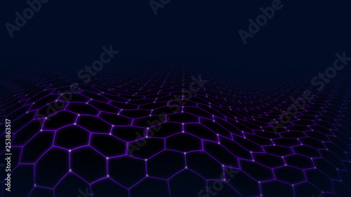 3D purple landscape futuristic hexagon, technology concept, big data © Unwind