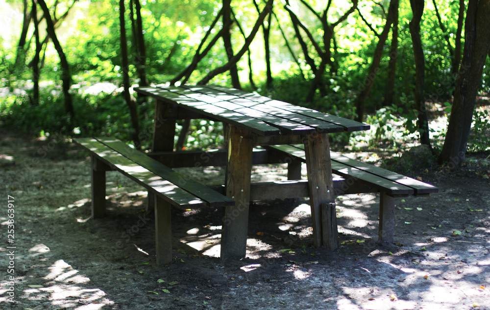 Wooden table for piknik in the forest